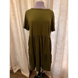 Vibe Sportswear Women 1X Olive Green Tiered Babydoll Swing Dress Short Sleeve